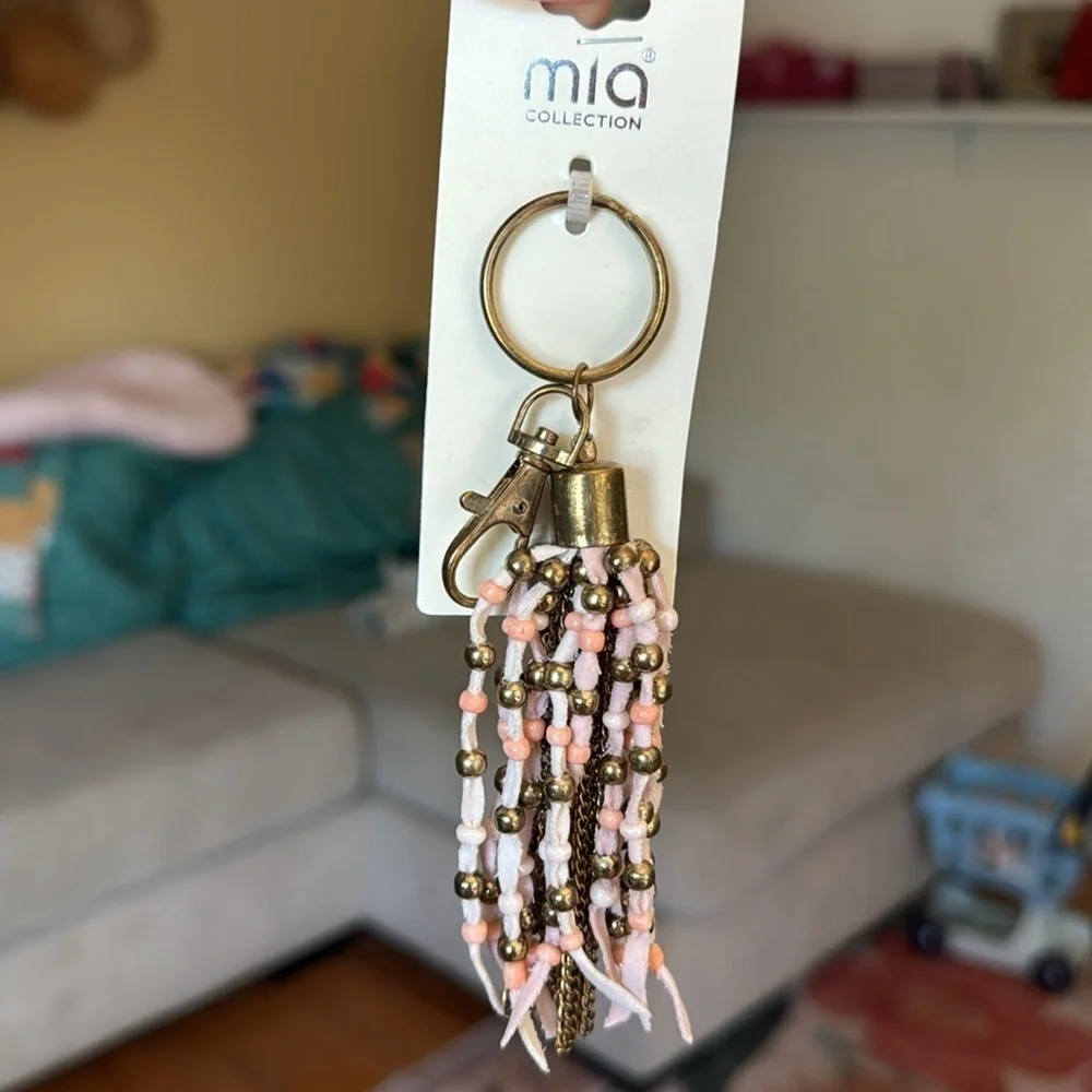 Mia Collection Gold Tarnished Pink Beaded Boho Fringe Chain Tassel Keychain